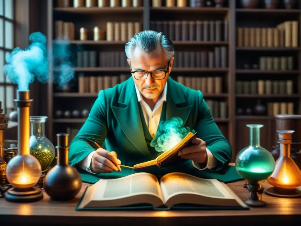 Gerard Dorn en su laboratorio de alquimia, rodeado de libros antiguos y pociones burbujeantes, reflejando su enigmática biografía