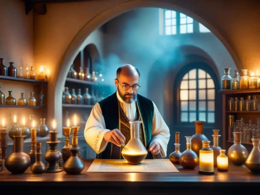 Un laboratorio de alquimia del siglo XVII con intrincados instrumentos de cristal, libros antiguos y un alquimista en medio, iluminado por velas