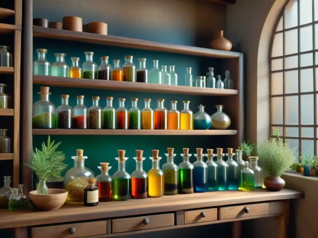 Un laboratorio de alquimia tradicional con estantes llenos de botellas de colores, libros antiguos y hierbas, creando una atmósfera mística