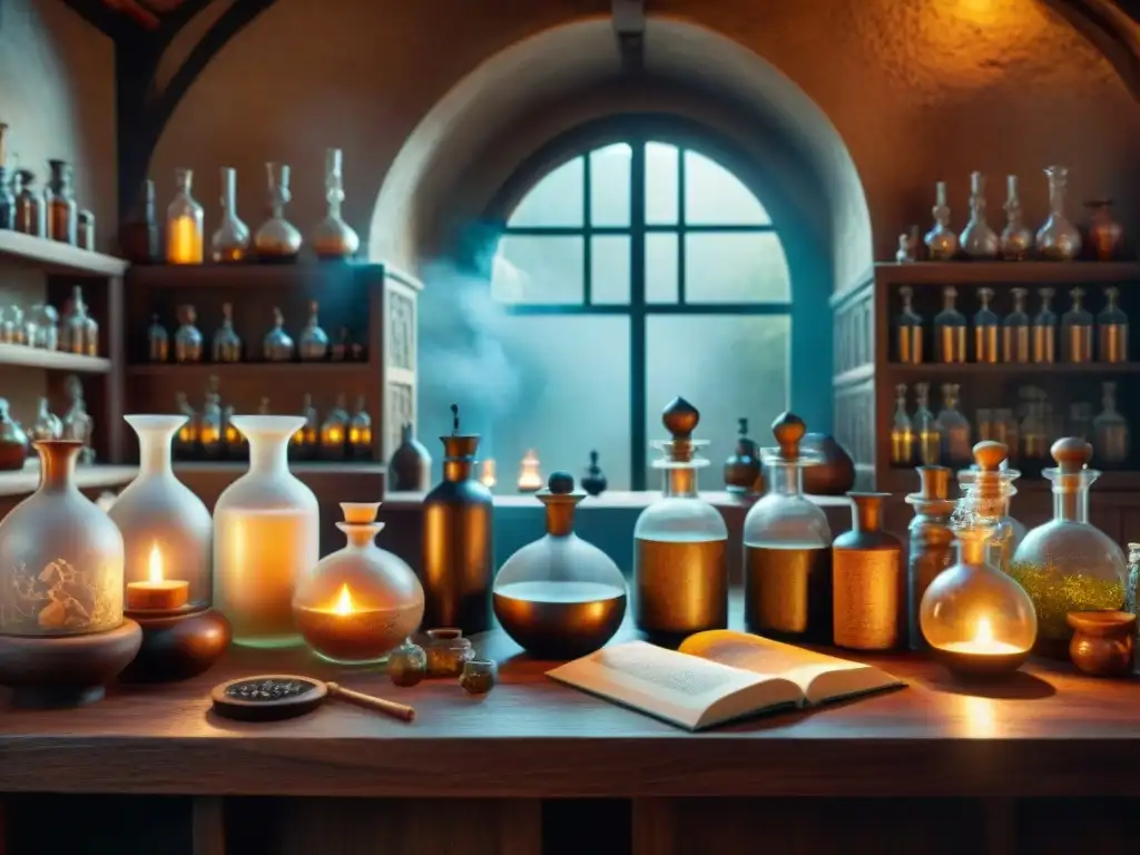 Un laboratorio de alquimia con vidriería detallada, pociones burbujeantes, textos antiguos y luz de velas
