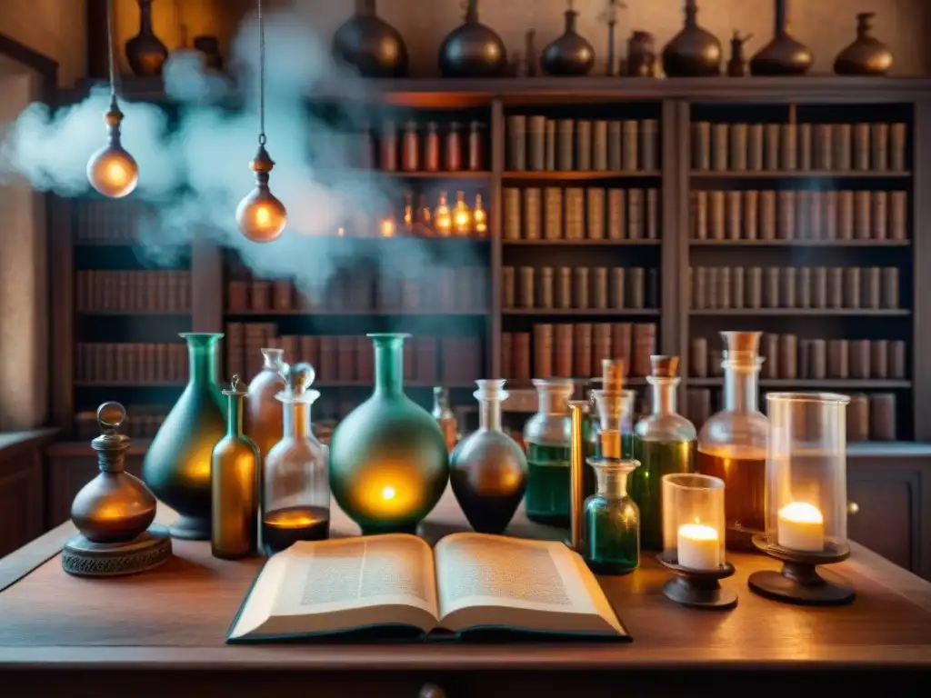 Laboratorio alquímico vintage: magia ancestral y moderna Un laboratorio de alquimia vintage con cristalería, pociones burbujeantes, libros antiguos y luz de velas