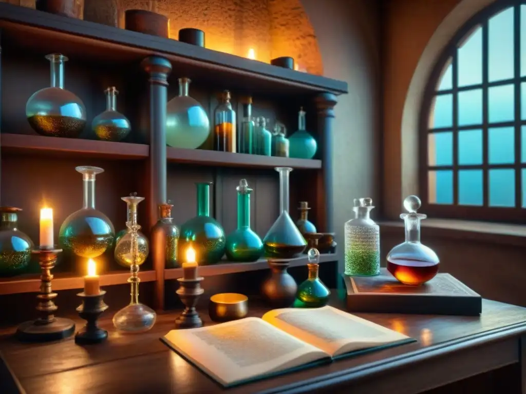 Laboratorio de alquimia vintage con cristalería detallada y textos antiguos, iluminado por velas y sombras, inspirando alquimia en serums faciales naturales