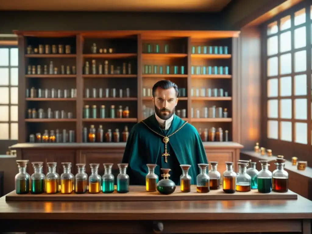 Un laboratorio de alquimia vintage detalladamente decorado con estantes de madera, frascos de vidrio, alambiques de cobre y manuscritos antiguos