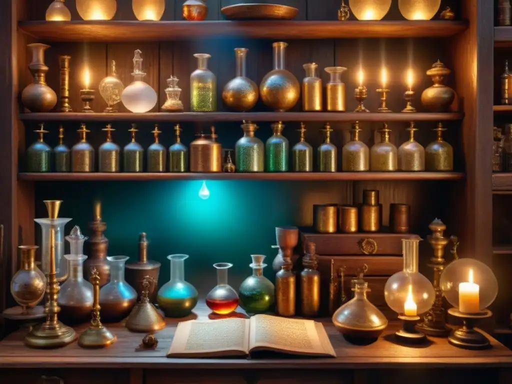 Un laboratorio de alquimia vintage lleno de misteriosos elementos, iluminado por velas y con un toque de alquimia en la era digital