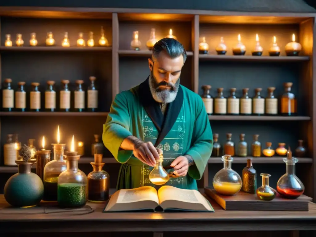 Un laboratorio de alquimia vintage con pociones, símbolos místicos y un alquimista vertiendo líquidos brillantes