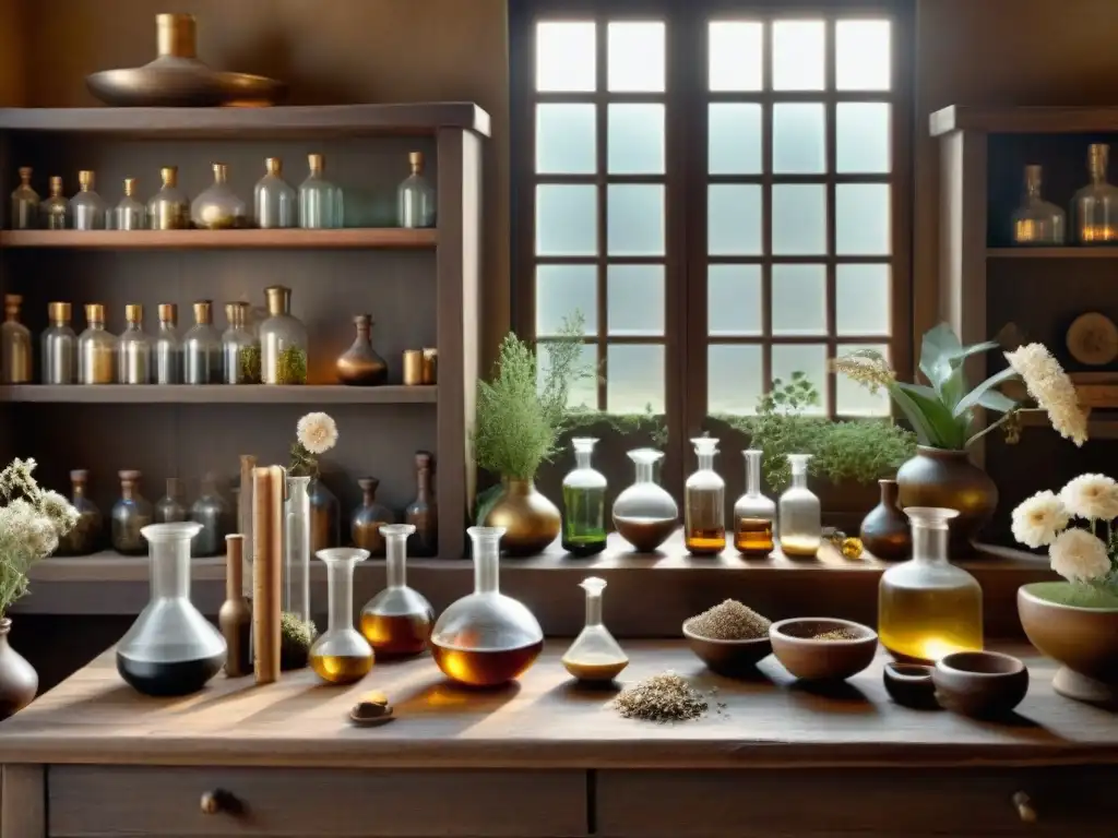 Laboratorio de alquimia vintage: misterio y magia en sepia Un laboratorio de alquimia vintage con viales de vidrio, libros antiguos y hierbas secas