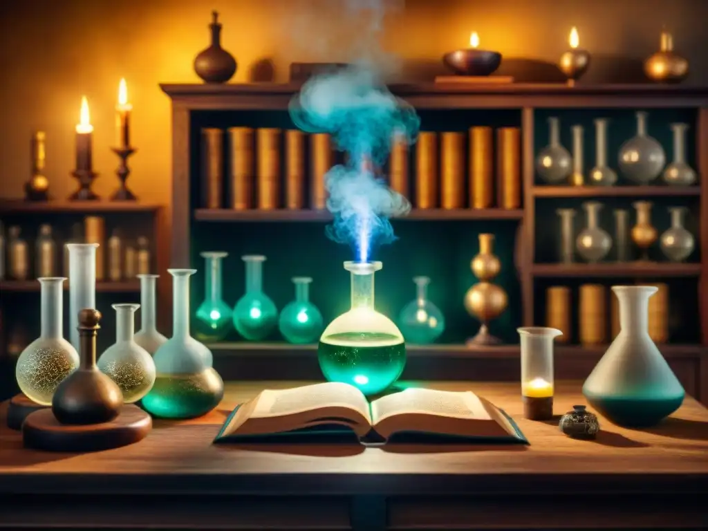 Ilustración sepia de un laboratorio alquímico con un alquimista, libros antiguos, un orbe místico y velas