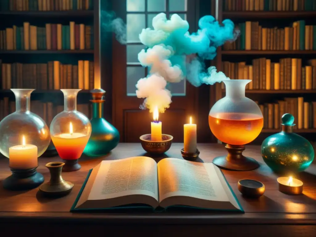 El laboratorio alquímico del alquimista místico: libros antiguos, vidrio con líquidos coloridos, velas encendidas y humo ascendente