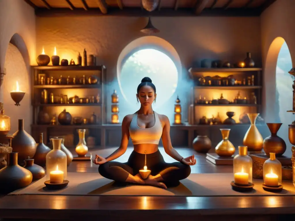 Un laboratorio alquímico ancestral con auras doradas, yoga y meditación espiritual