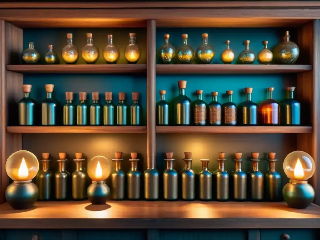 Laboratorio alquímico antiguo: misterio y magia en sepia Un laboratorio alquímico ancestral ilustrado en sepia, con misteriosas botellas y un orbe brillante rodeado de símbolos alquímicos