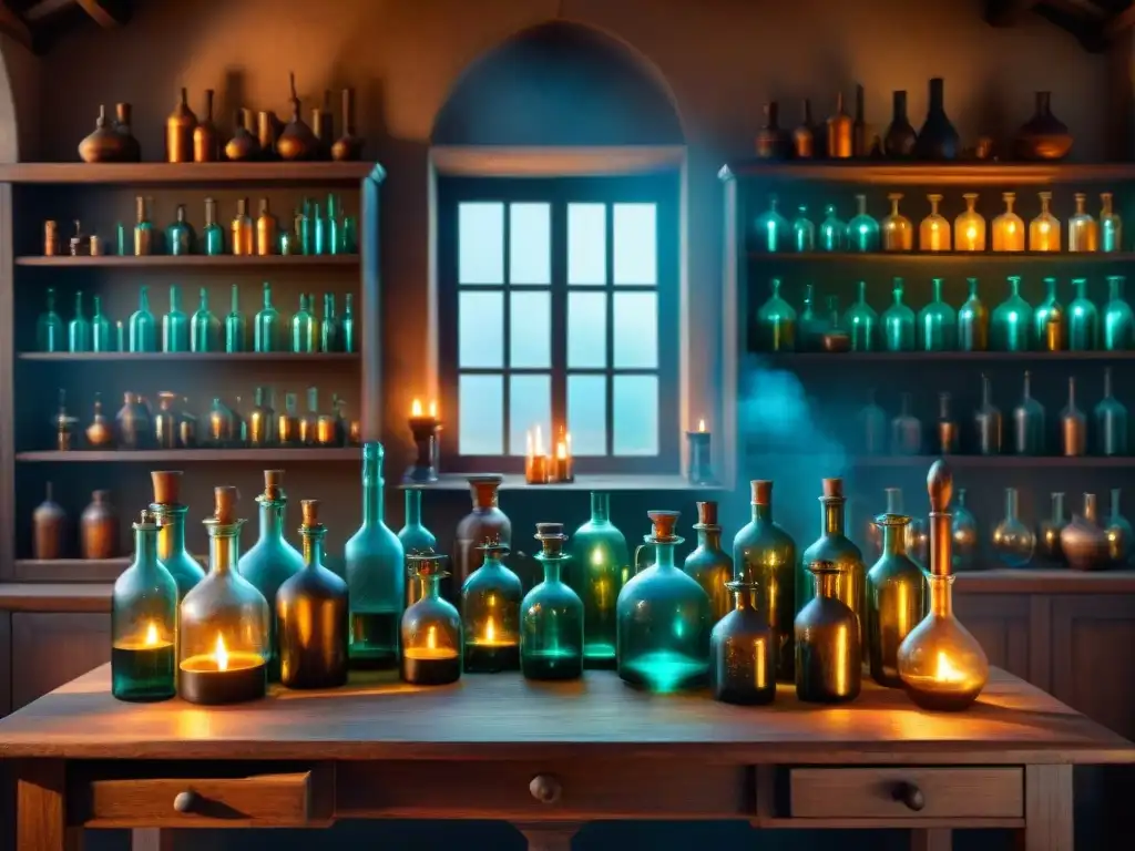 Antiguo laboratorio alquímico: misterio y sabiduría ancestral Un laboratorio alquímico ancestral con misteriosas botellas de vidrio, pociones burbujeantes y herramientas intrincadas bajo la tenue luz de las velas