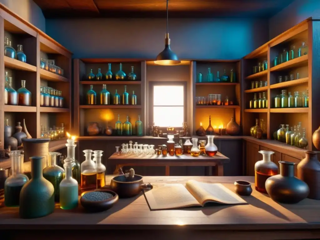 Alquimia ancestral: laboratorio misterioso en sepia En un laboratorio alquímico antiguo, un alquimista vierte líquido brillante entre frascos, rodeado de ingredientes misteriosos y textos antiguos