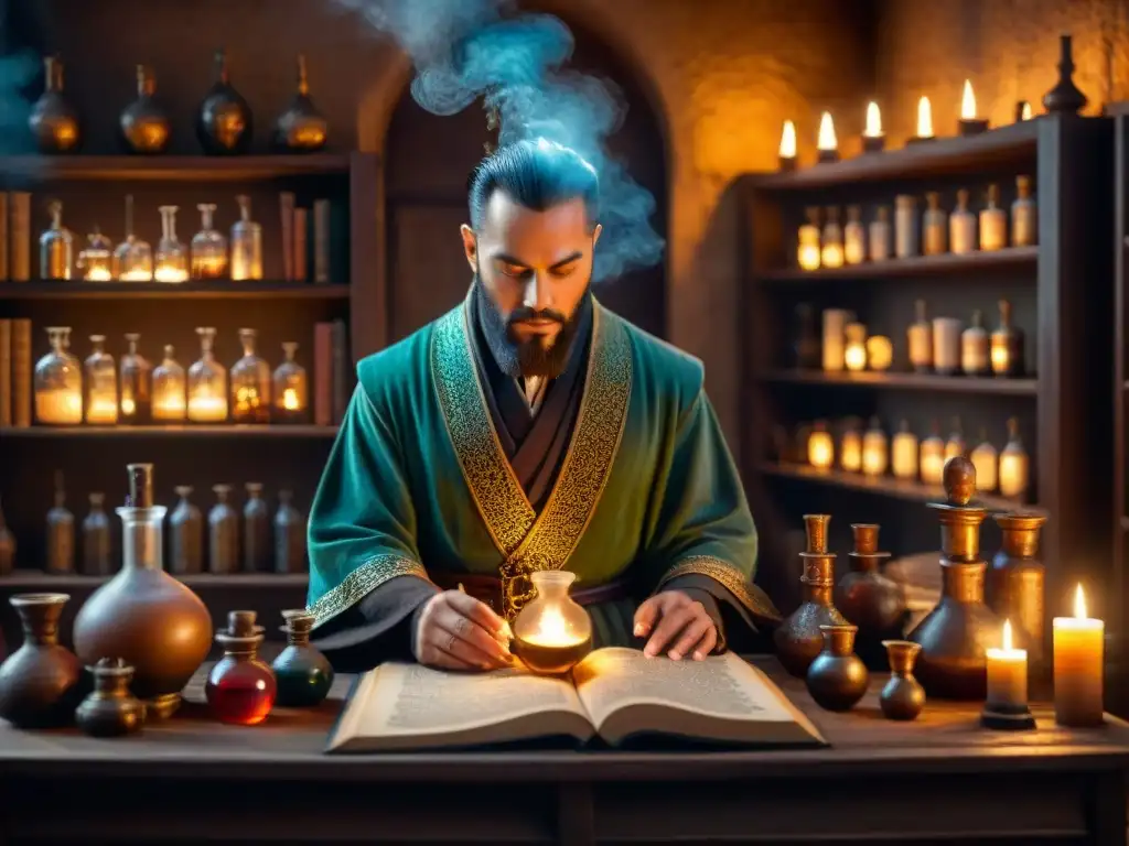 Antiguo laboratorio de alquimia: pociones, símbolos y misterio Un laboratorio alquímico antiguo con cristalería, pociones y símbolos misteriosos, iluminado por velas