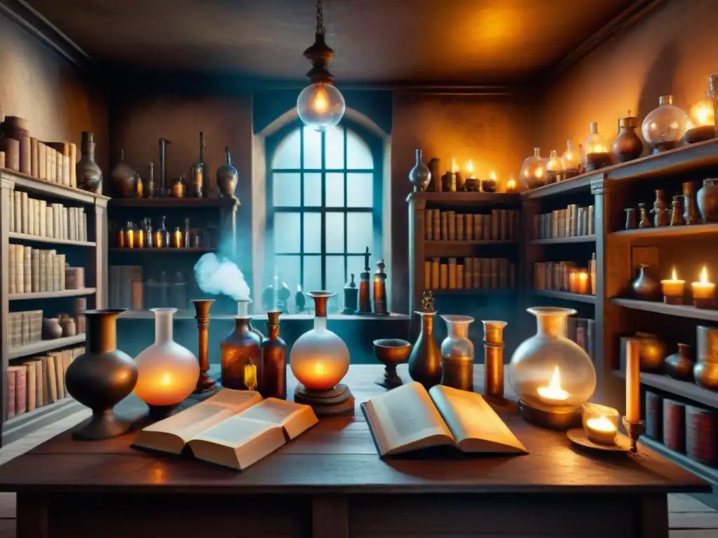 Un laboratorio alquímico antiguo con cristalería detallada, libros envejecidos y velas iluminando símbolos arcanos, evocando prácticas alquímicas pioneras química moderna