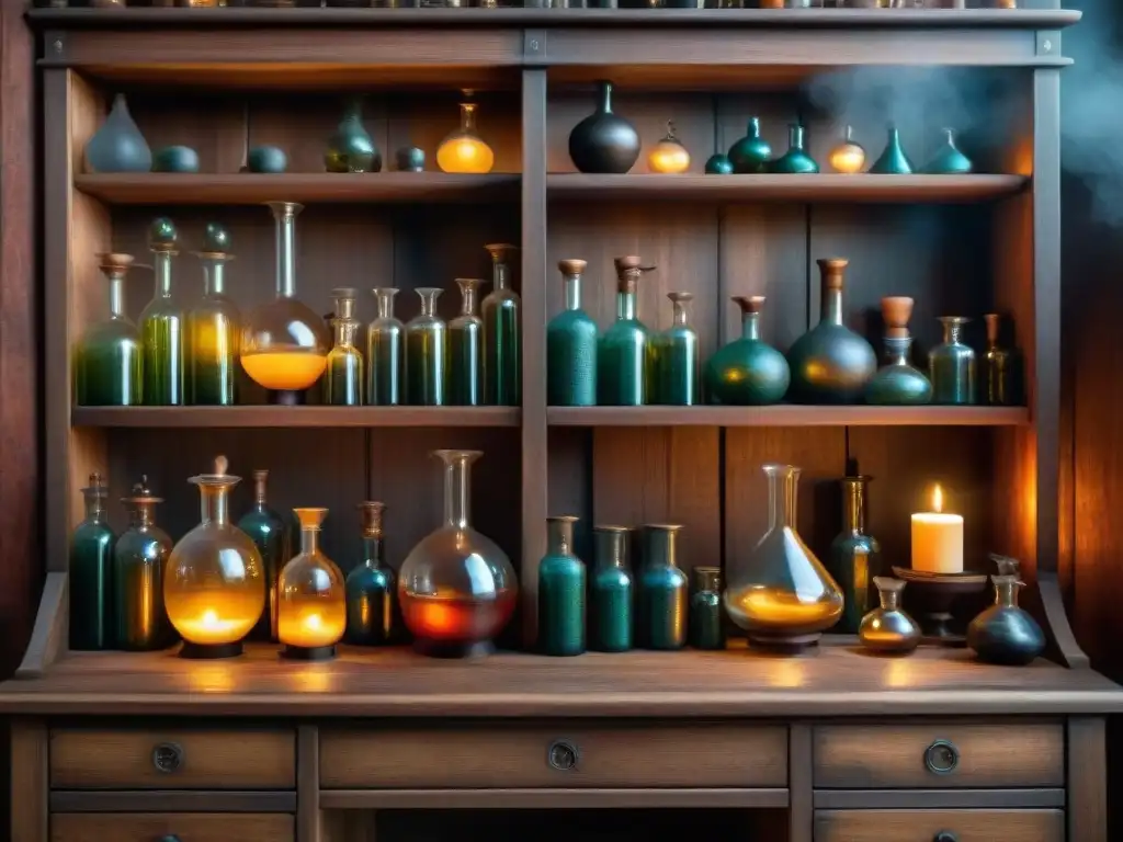 Un laboratorio alquímico antiguo detallado en sepia, con vidriería intrincada, pociones burbujeantes, ingredientes misteriosos y luz de velas