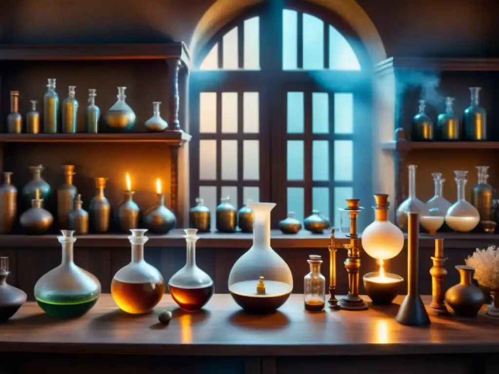 Un laboratorio alquímico antiguo detallado en sepia, con pociones, vidrio elaborado, símbolos misteriosos y luz de velas