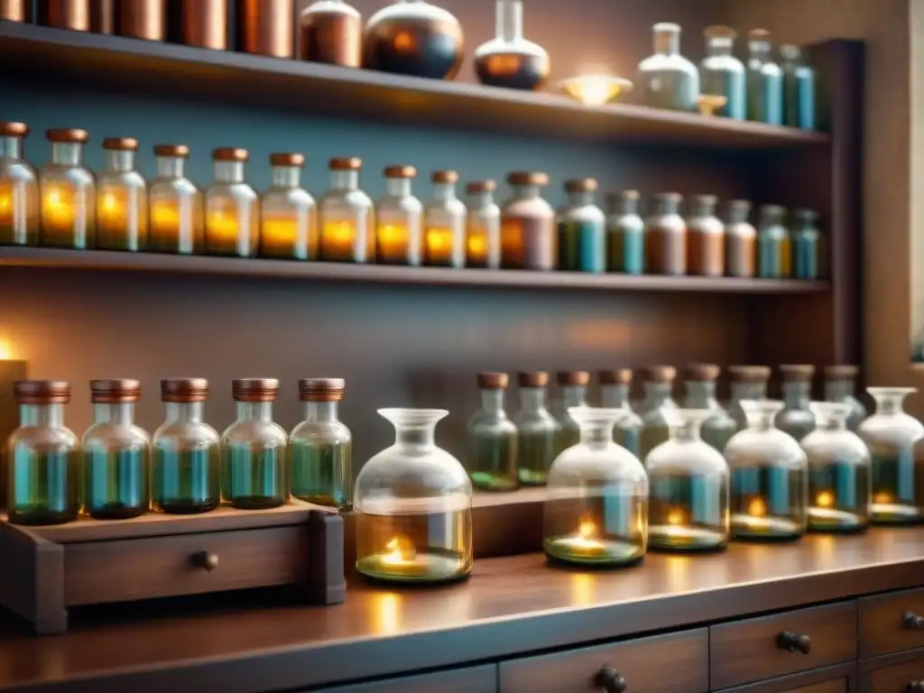 Un laboratorio alquímico antiguo detallado en tonos sepia, con instrumentos de vidrio, ingredientes misteriosos y una atmósfera nostálgica