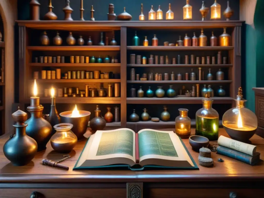 Un laboratorio alquímico antiguo detallado, iluminado por velas, con herramientas y libros misteriosos