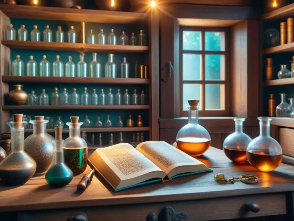 Misterioso laboratorio alquímico: sabiduría ancestral Un laboratorio alquímico antiguo detallado con símbolos misteriosos y luz filtrada, creando una atmósfera de sabiduría ancestral