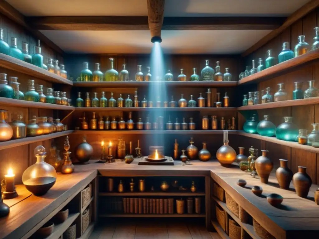 Un laboratorio alquímico antiguo detallado, con velas y elementos místicos