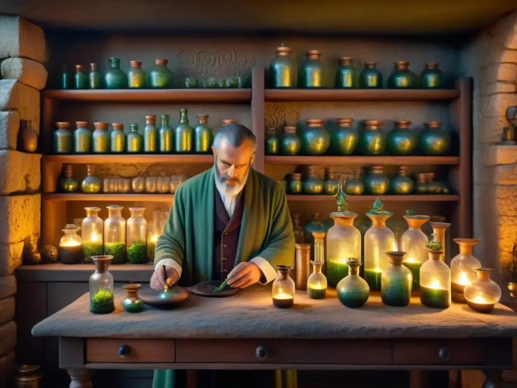 Un laboratorio alquímico antiguo con detallados instrumentos de cristal, estantes repletos de frascos misteriosos y una mesa de piedra tallada