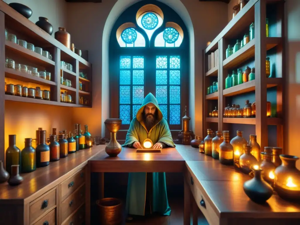 Un laboratorio alquímico antiguo con elementos de la mística Kabbalah, bañado en luz dorada