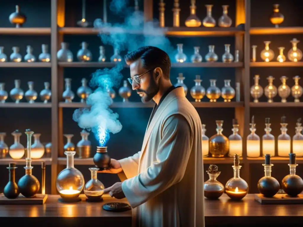 En el laboratorio alquímico antiguo, un enigmático personaje cuida una destilación rodeado de símbolos y misteriosas esencias
