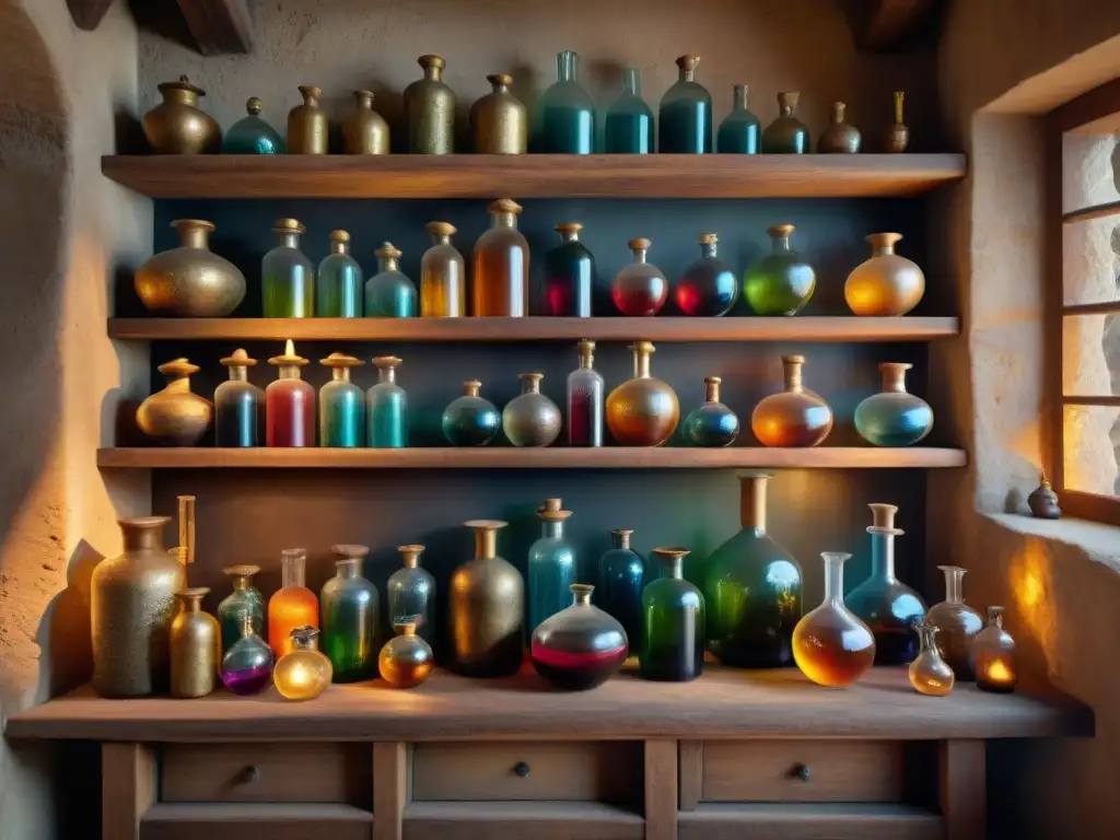 Misterioso laboratorio alquímico con detallados elementos antiguos Un laboratorio alquímico antiguo con estantes de madera, botellas de colores, un caldero burbujeante y herramientas alquímicas
