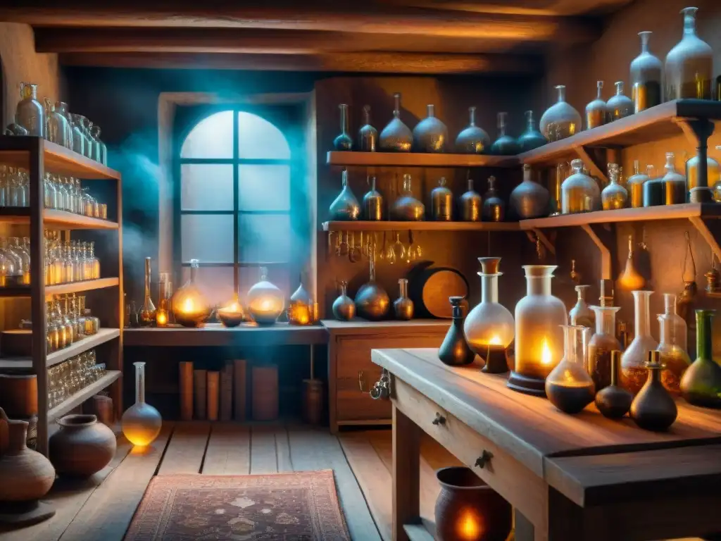 Alquimia ancestral: laboratorio misterioso y fascinante En un laboratorio alquímico antiguo, una figura encapuchada vierte líquido brillante