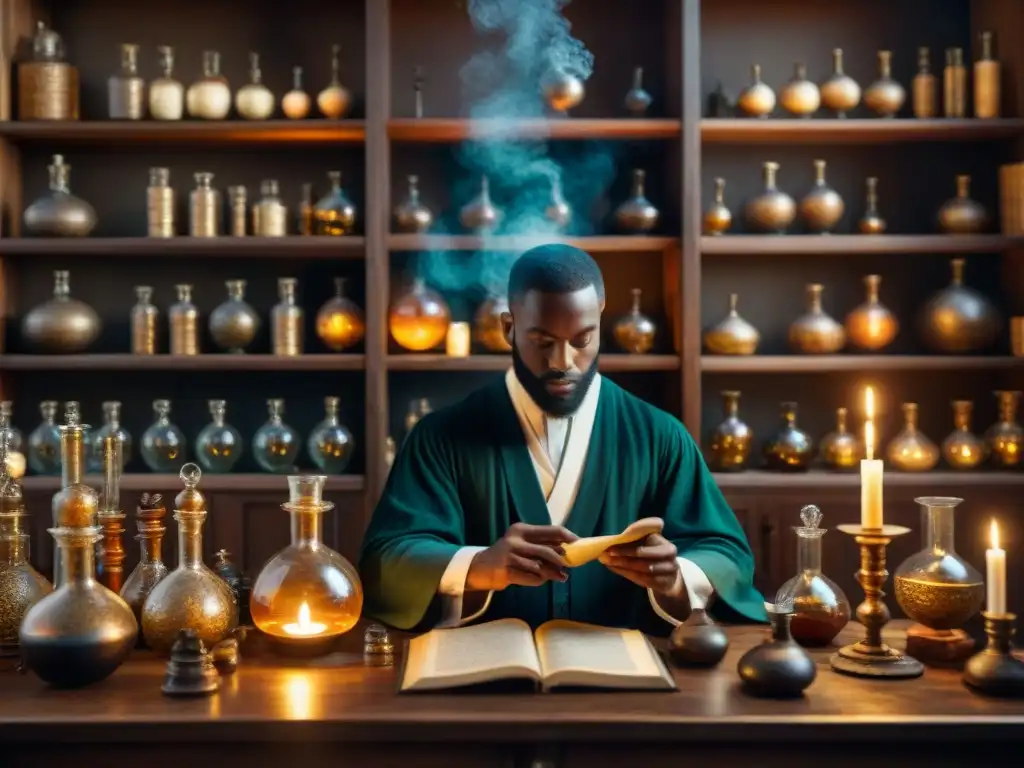 En un laboratorio alquímico antiguo, una figura misteriosa trabaja en un experimento rodeada de instrumentos, libros y símbolos