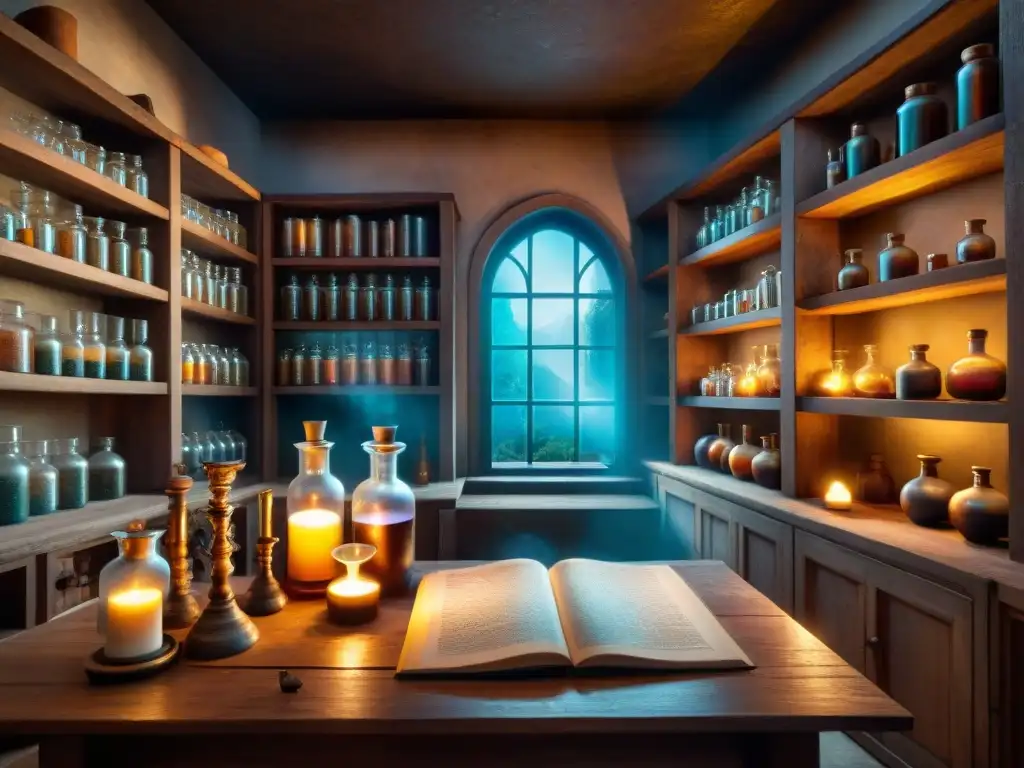 Alquimia ancestral: laboratorio misterioso y sombrío En un laboratorio alquímico antiguo, una figura encapuchada estudia un libro rodeado de elementos misteriosos