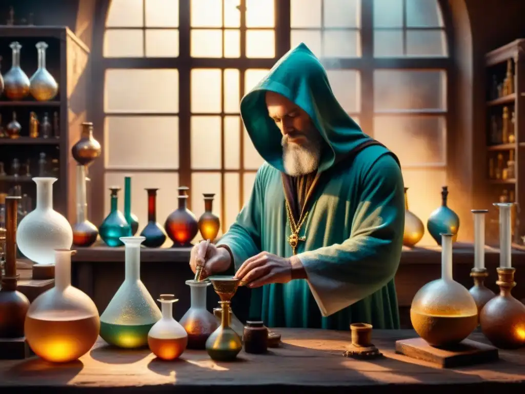 Un laboratorio alquímico antiguo con filtración alquímica en la ciencia, cristalería intrincada y símbolos misteriosos en tonos sepia