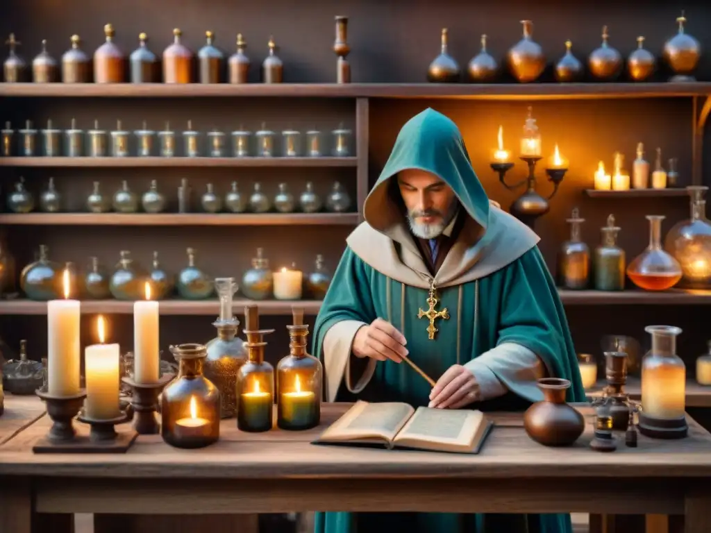 Un laboratorio alquímico antiguo con frascos, pociones y símbolos misteriosos