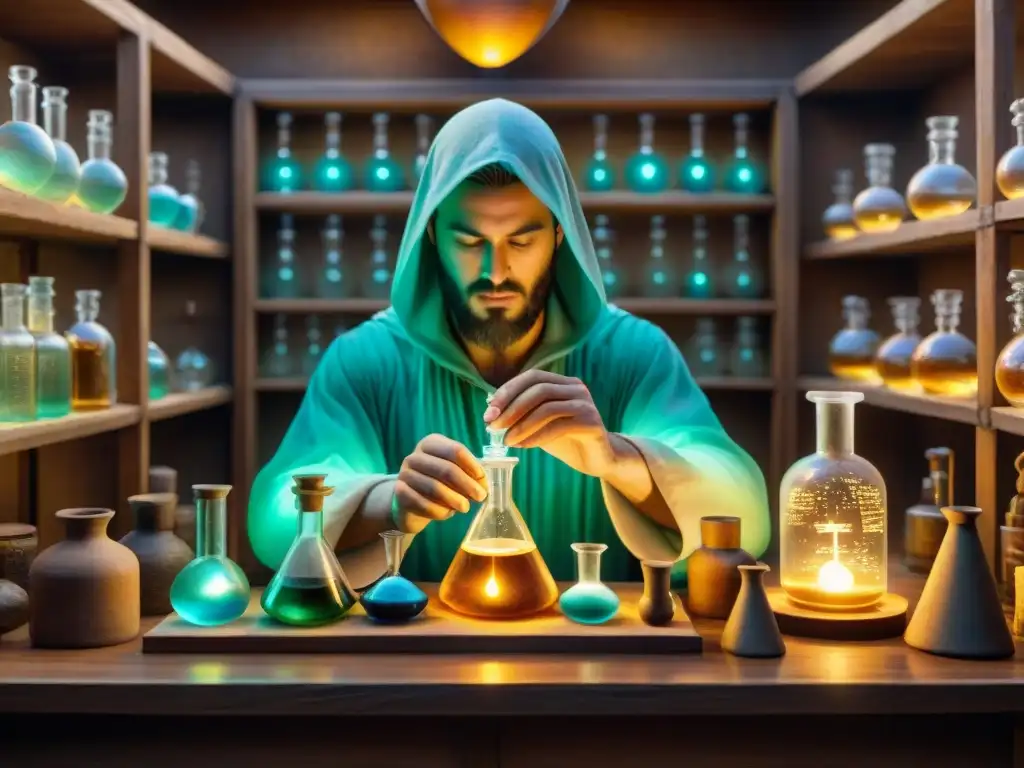 Alquimia ancestral: laboratorio misterioso y mágico Un laboratorio alquímico antiguo con frascos burbujeantes y figuras misteriosas