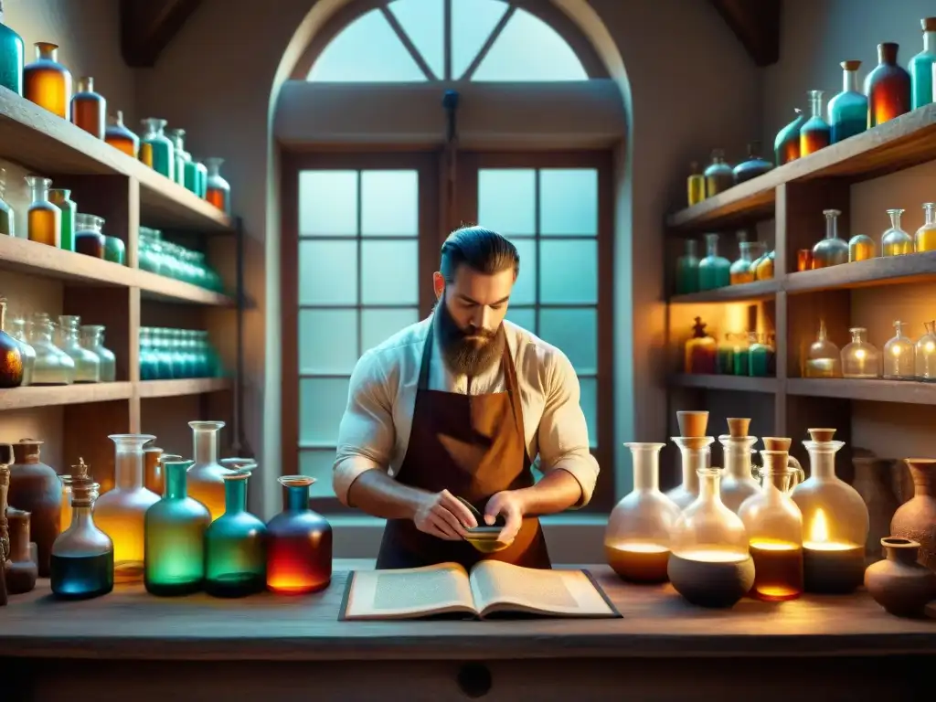 Un laboratorio alquímico antiguo iluminado por una cálida luz dorada, con frascos burbujeantes y un alquimista barbado trabajando en un experimento