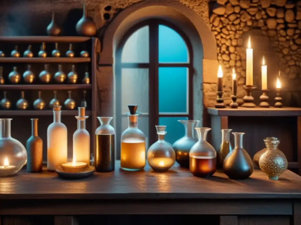 Laboratorio alquímico antiguo: misticismo y magia en sepia Un laboratorio alquímico antiguo iluminado por velas, con cristalería, líquidos burbujeantes y símbolos esotéricos en las paredes de piedra
