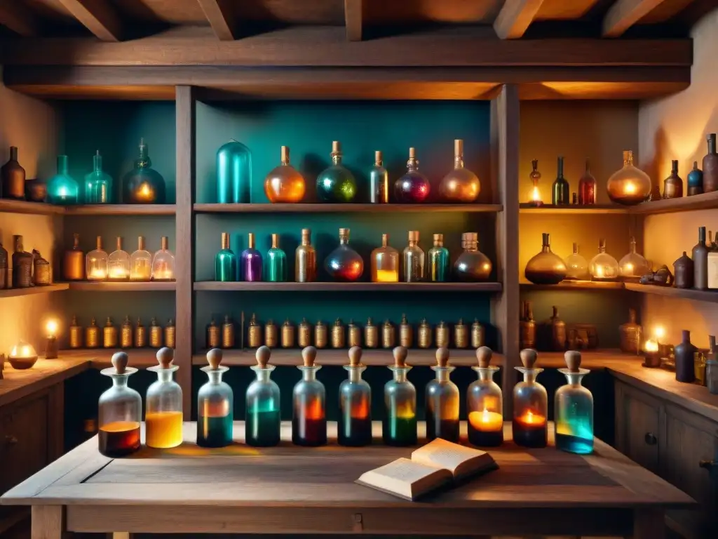 Un laboratorio alquímico antiguo iluminado por velas, con botellas de colores, un alambique de cobre y pergaminos con símbolos alquímicos