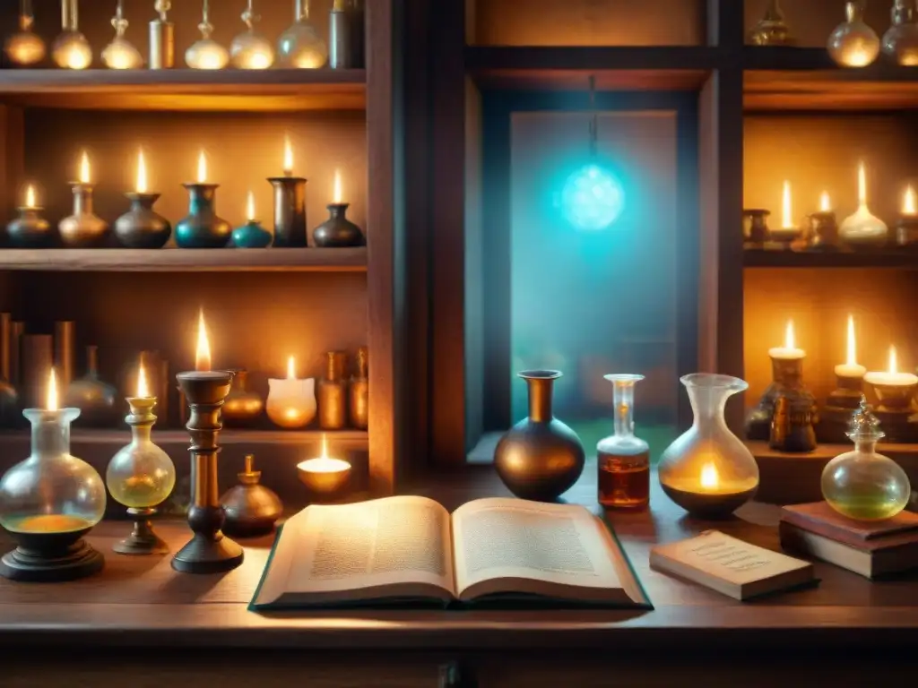 Un laboratorio alquímico antiguo iluminado por velas, con cristalería, ingredientes misteriosos y un libro de Paracelso