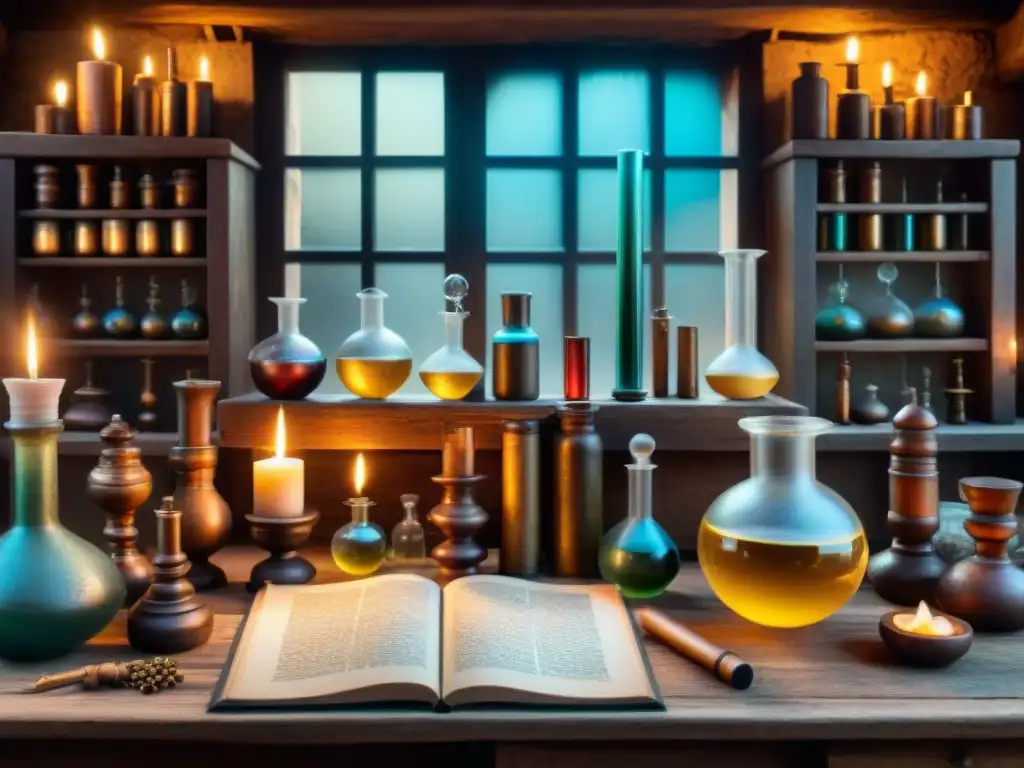 Un laboratorio alquímico antiguo ilustrado en sepia, con velas que iluminan herramientas místicas y pergaminos llenos de símbolos