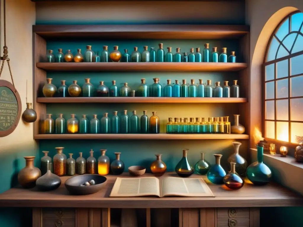 El laboratorio del alquimista: misterios y sabiduría ancestral Un laboratorio alquímico antiguo ilustrado en sepia, rebosante de misteriosos ingredientes, pociones burbujeantes y símbolos alquímicos