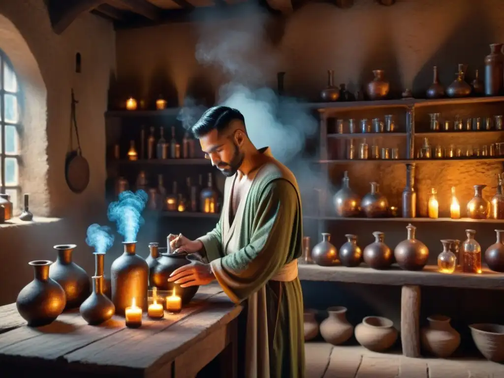 Un laboratorio alquímico antiguo con intrincado equipamiento de vidrio, símbolos misteriosos y luz de velas, evocando la ética en divulgación alquimia