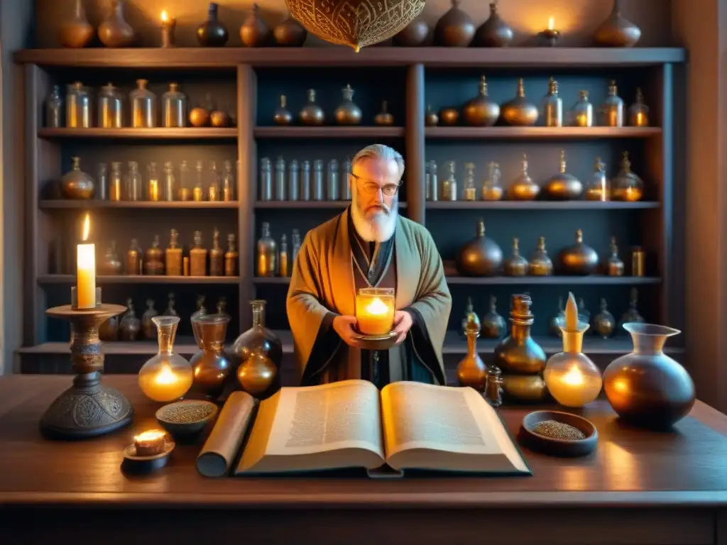 Antiguo laboratorio alquímico con figuras misteriosas Un laboratorio alquímico antiguo con intrincados aparatos de vidrio y figuras misteriosas, iluminado por velas