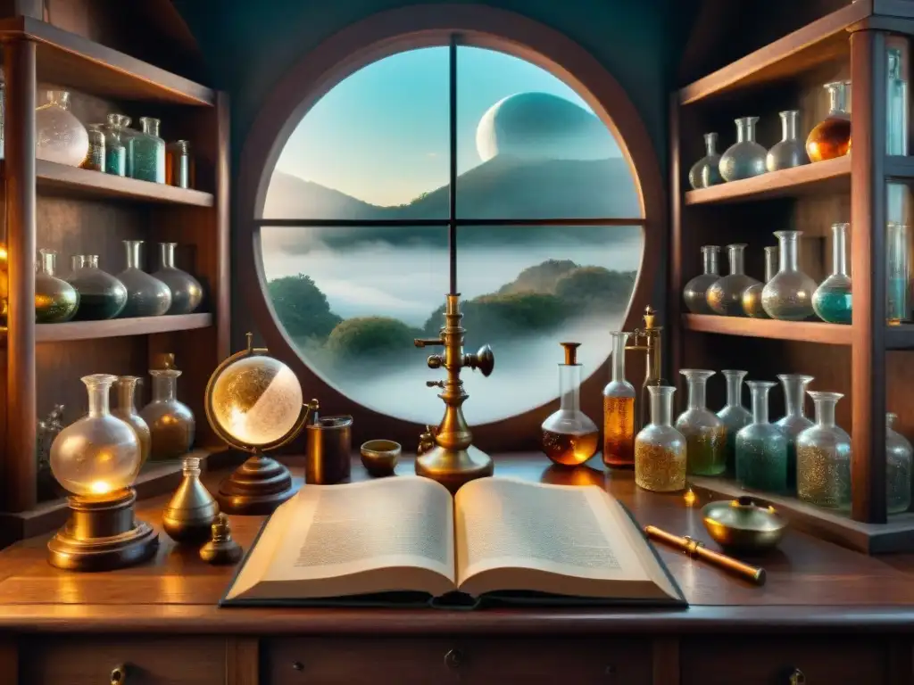 Montando laboratorio alquímico casa: Antiguo laboratorio lleno de instrumentos, libros y elementos místicos en penumbra sepia