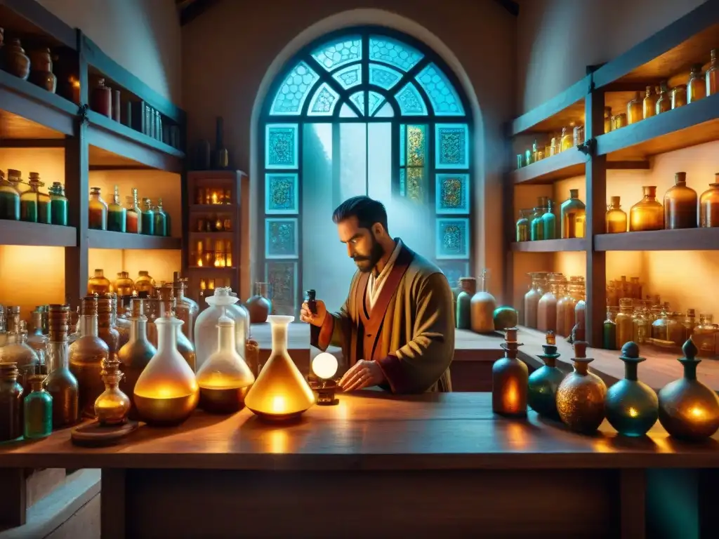 Un laboratorio alquímico antiguo lleno de misterio y sabiduría, iluminado por una luz dorada