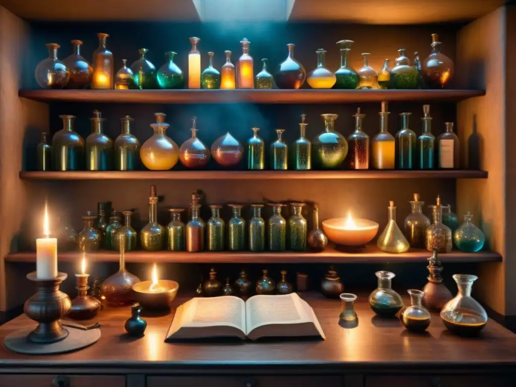Misterioso laboratorio alquímico: descubre el pasado Un laboratorio alquímico antiguo lleno de misteriosos ingredientes, pociones burbujeantes y cristalería, iluminado por velas