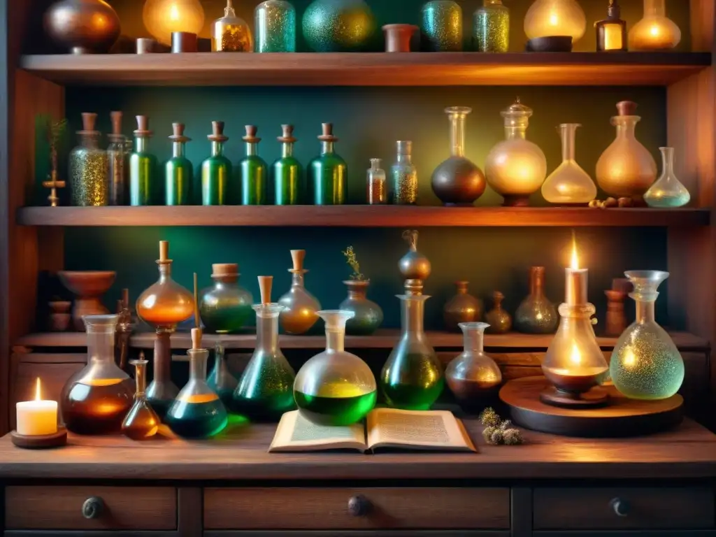 Un laboratorio alquímico antiguo lleno de misterios y sabiduría, con ingredientes, libros y velas