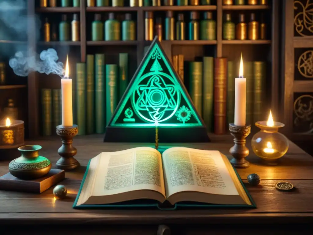 Laberinto alquímico: misterios ancestrales en sepia Un laboratorio alquímico antiguo lleno de misterio, con velas y símbolos, y un libro de Psicología y alquimia en consciencia