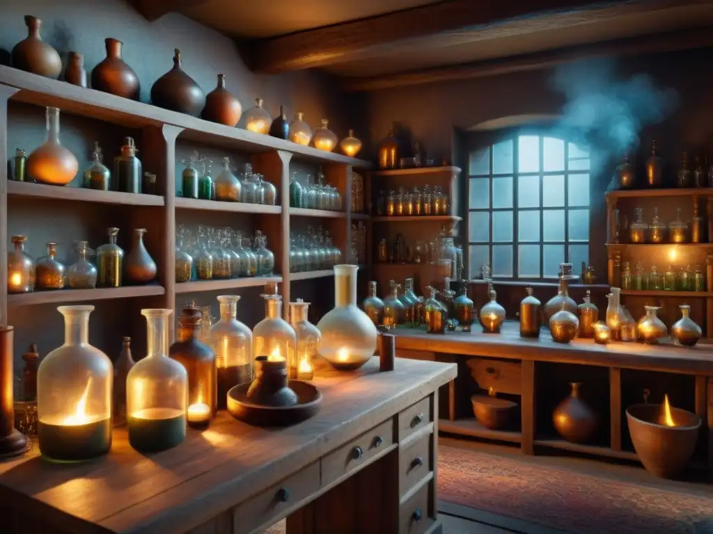 Un laboratorio alquímico antiguo lleno de misteriosas dualidades, reflejos en espejos y sombras, evocando la magia de la literatura