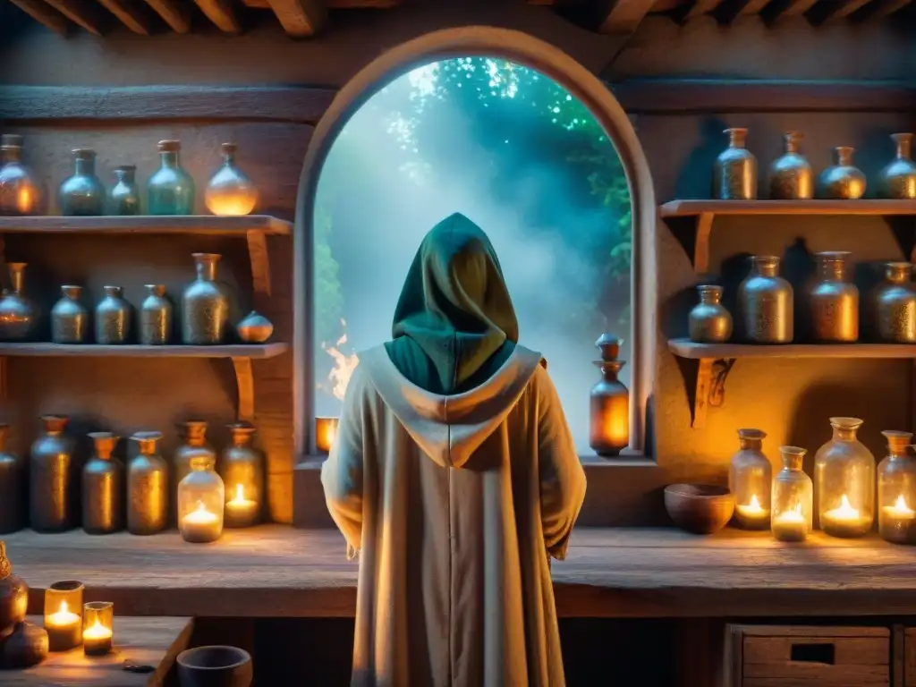Laboratorio alquímico antiguo: secretos místicos y pociones encantadas Un laboratorio alquímico antiguo lleno de vidriería intricada, brebajes burbujeantes y símbolos místicos en las paredes de piedra