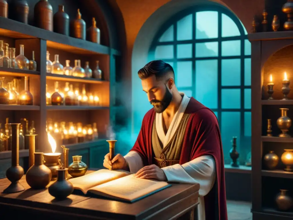 Un laboratorio alquímico antiguo lleno de misteriosos símbolos y un enigmático alquimista estudiando un manuscrito bajo la luz de las velas, evocando sabiduría ancestral y conocimiento esotérico